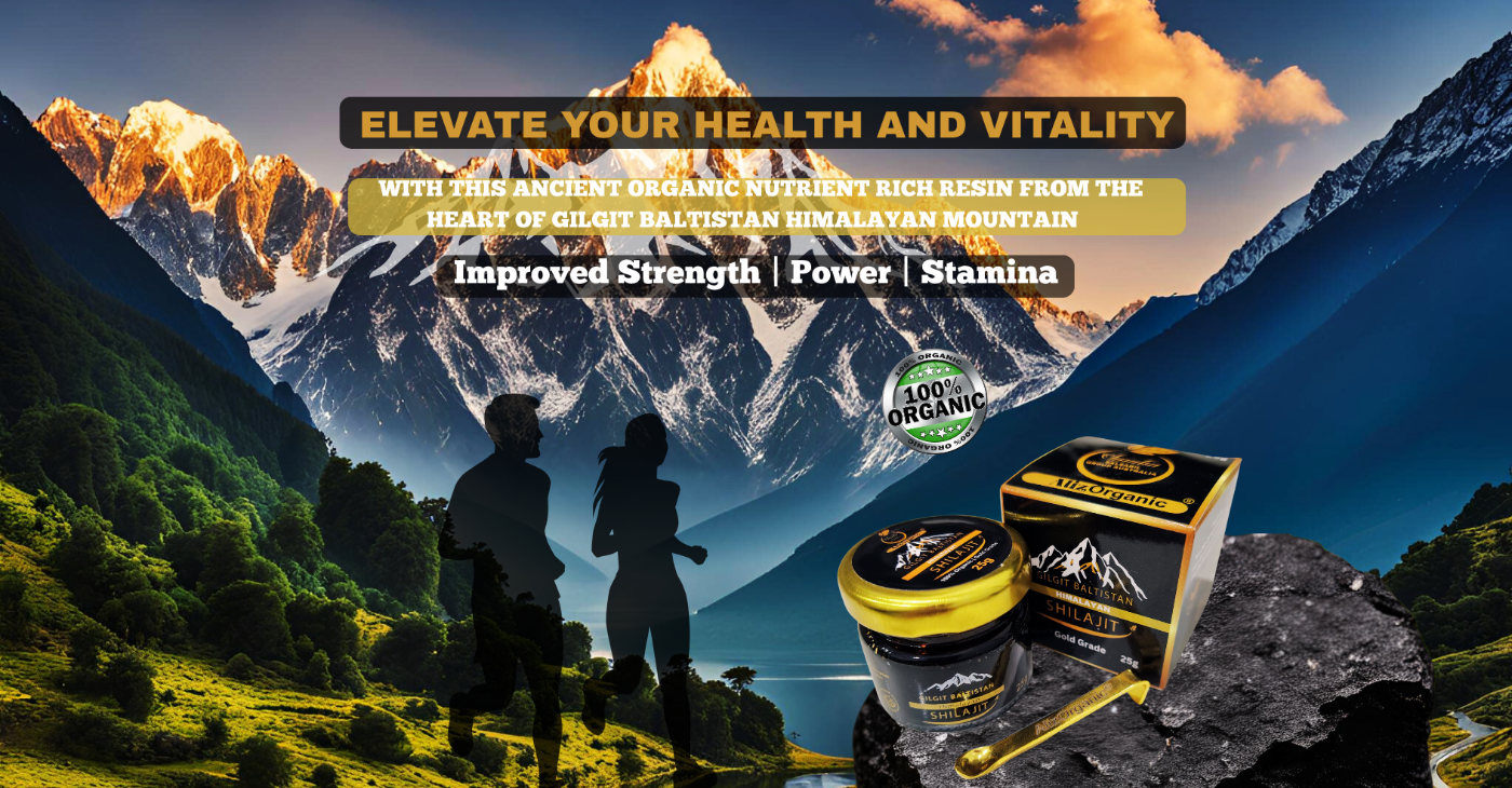 Two people standing in a mountainous landscape with a product packaging and text about health and vitality.